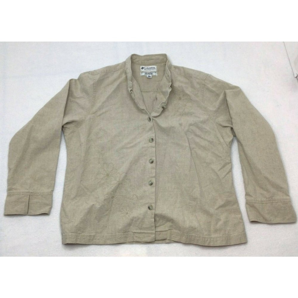 Columbia women's XL button down khaki shirt banded collar XL